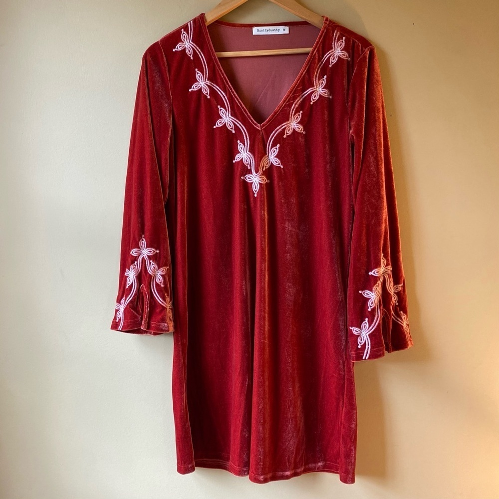 RusttyDustty Women’s Medium Rust Velvet/Velour Long Sleeve Boho Dress